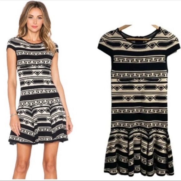 Alice + Olivia Darby Drop-Waist Geo-Knit, Aztec Pattern Sweater Knit Dress Black - Picture 2 of 9